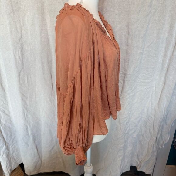Mustard Seed Blouse Size S Flowy Oversized Apricot Tie Neck Bohemian - Picture 4 of 7